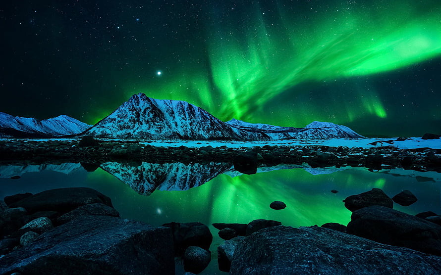 Green Aurora Borealis Over Snow-Capped Mountains Reflected in a Calm Lake at Night HD wallpaper