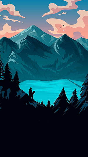 Minimalist Mountain Lake Landscape with Silhouetted Hiker and Pine Trees at Dusk HD phone wallpaper