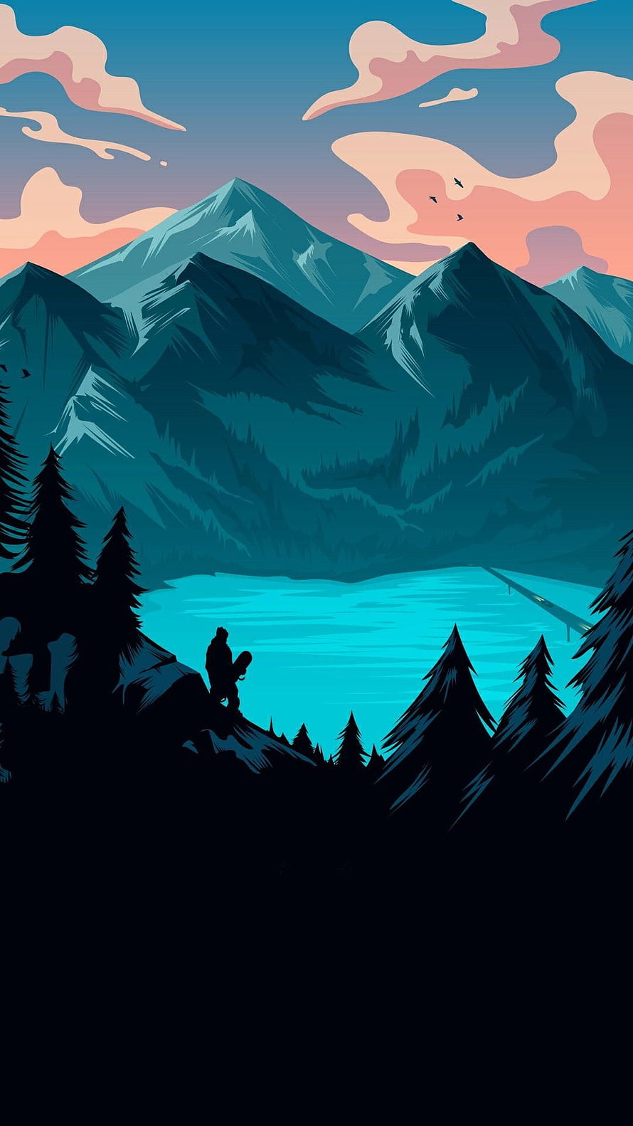 Minimalist Mountain Lake Landscape with Silhouetted Hiker and Pine Trees at Dusk HD phone wallpaper