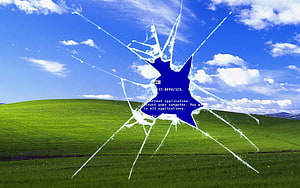 Windows XP Bliss Wallpaper with Cracked Glass Effect and Blue Screen of Death HD wallpaper