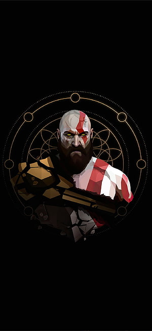 Kratos from God of War Ragnarok in low poly art style with glowing runes and golden armor HD phone wallpaper