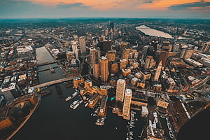 Aerial View of Chicago Skyline at Sunset Over the River HD wallpaper