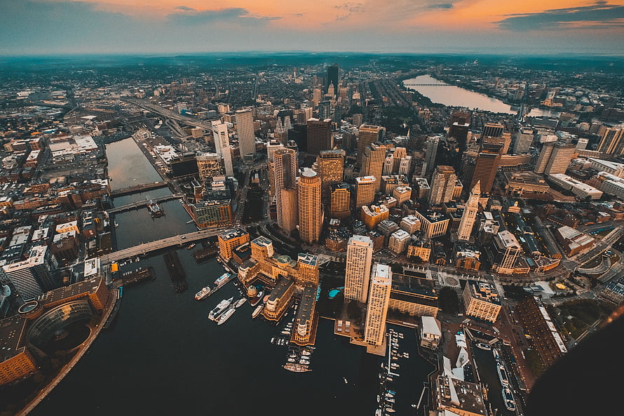 Aerial View of Chicago Skyline at Sunset Over the River HD wallpaper