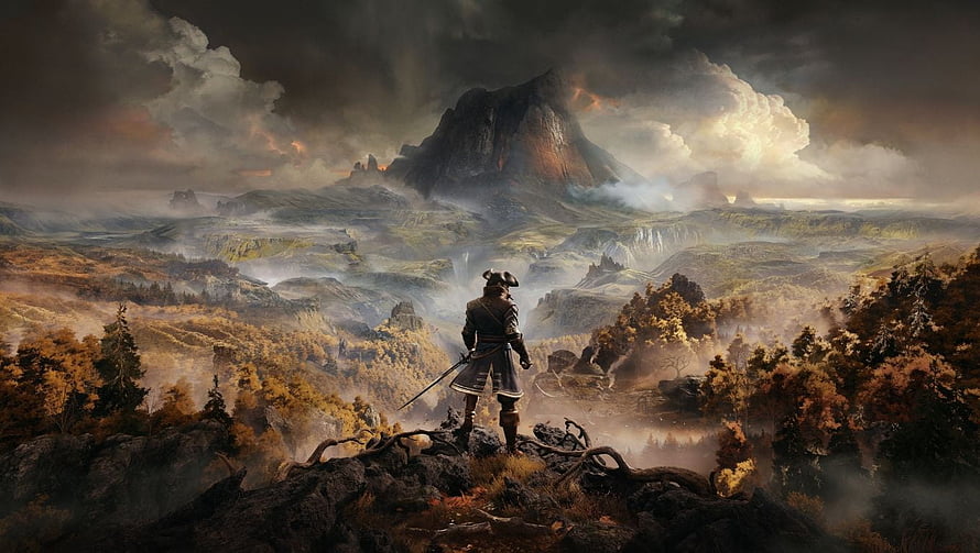 GreedFall Fantasy Landscape with Warrior on Cliff Overlooking Misty Valley and Mountain HD wallpaper