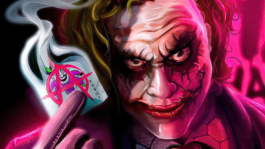 Joker Holding Joker Card in Dramatic Pink and Purple Digital Art HD wallpaper