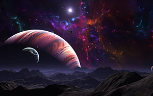 Vast Cosmic Landscape Featuring Giant Gas Planet and Colorful Nebula HD wallpaper