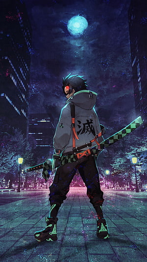 Tanjiro Kamado in Modern Streetwear with Nichirin Sword Under Moonlit City Sky HD phone wallpaper
