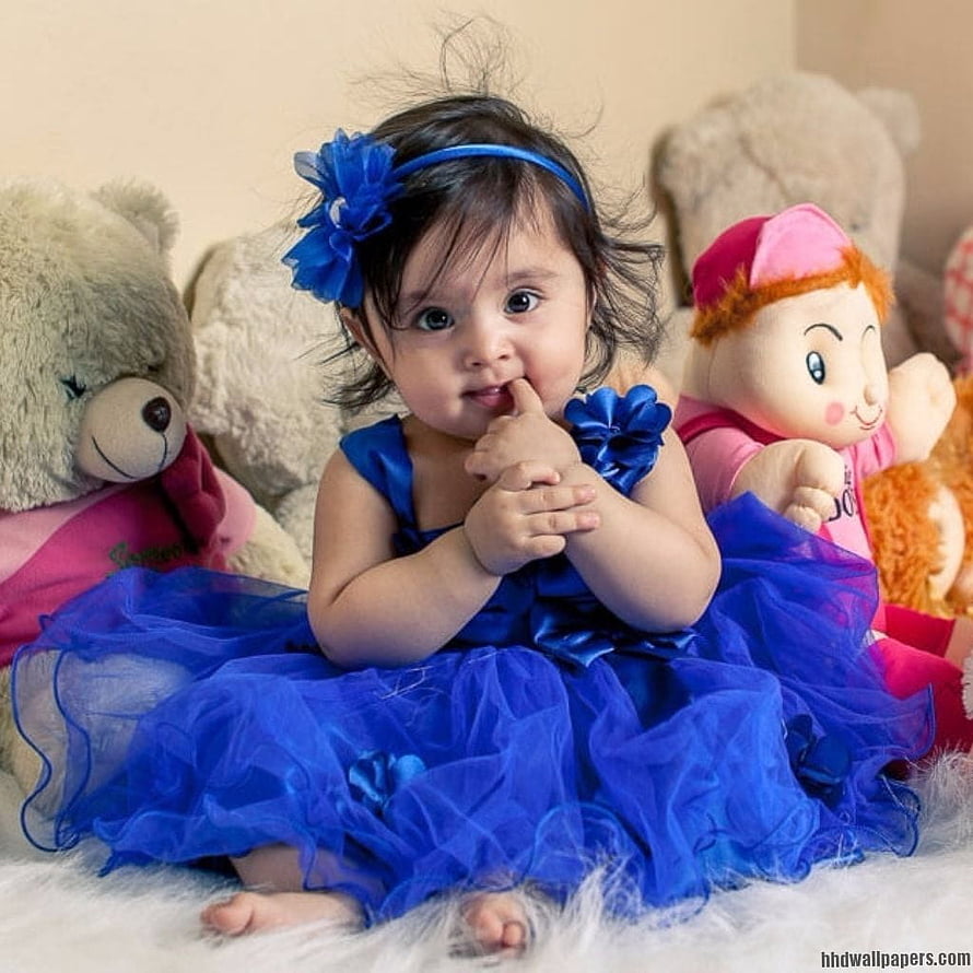 Adorable Baby Girl in Blue Tulle Dress with Teddy Bears HD phone wallpaper