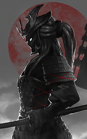 Dark Samurai Warrior in Black Armor with Katana Against Red Moon HD phone wallpaper