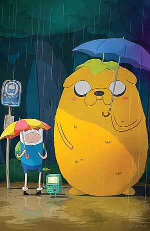 Adventure Time Finn and Jake Waiting at a Rainy Bus Stop with BMO HD phone wallpaper