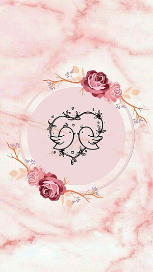 Cute Love Birds in Heart Frame with Pink Roses on Marble Background HD phone wallpaper