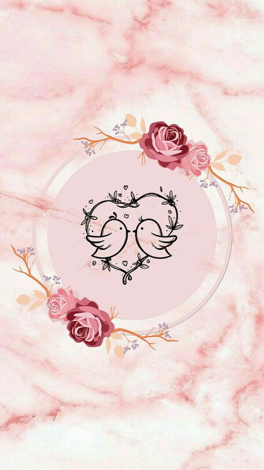 Cute Love Birds in Heart Frame with Pink Roses on Marble Background HD phone wallpaper