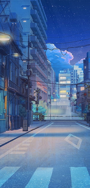 Anime Night Street Scene with Starry Sky, City Buildings, and Railway Crossing HD phone wallpaper