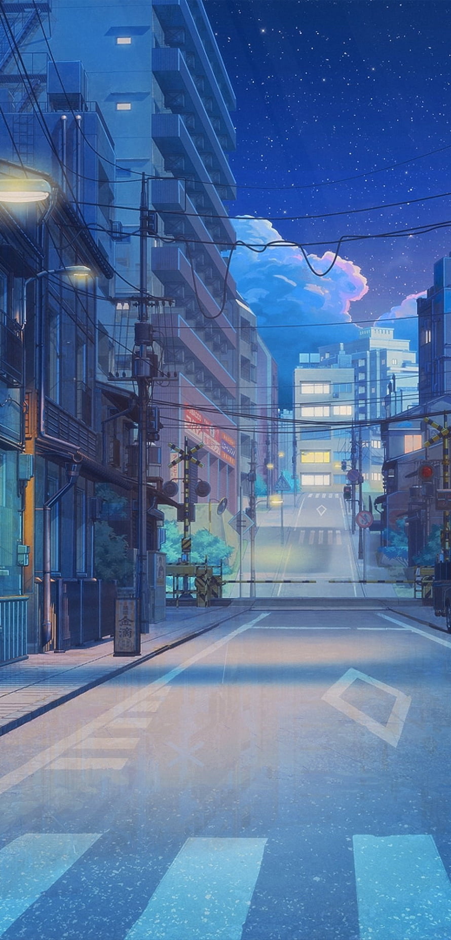 Anime Night Street Scene with Starry Sky, City Buildings, and Railway Crossing HD phone wallpaper