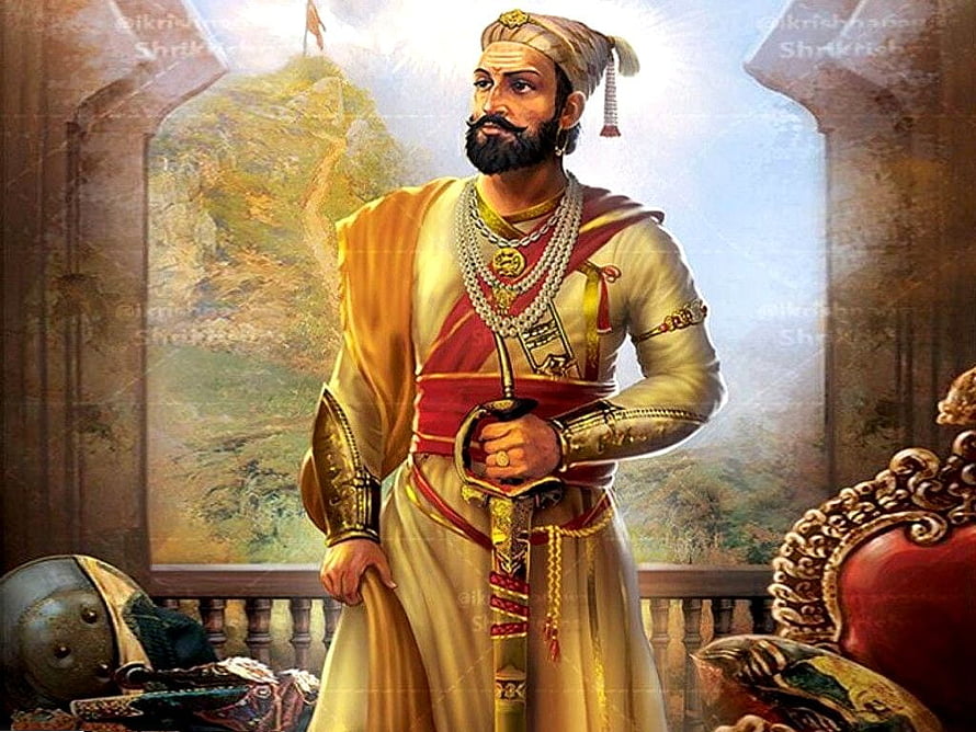 Chhatrapati Shivaji Maharaj in Royal Attire Holding Sword on Palace Balcony HD wallpaper