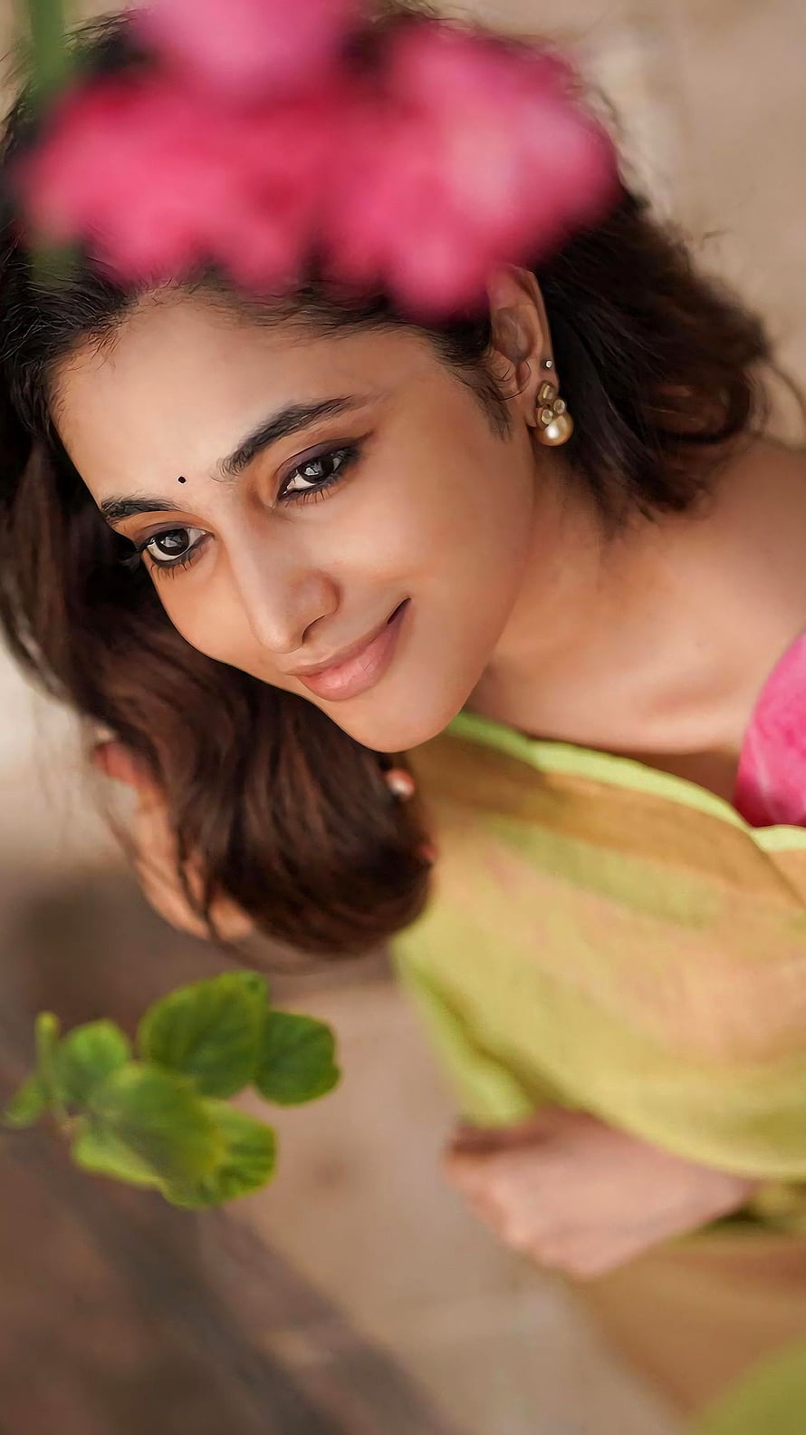 Priyanka Mohan Portrait with Pink Flowers and Green Leaves HD phone wallpaper
