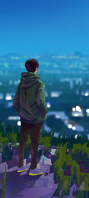 Anime Boy In Green Hoodie Looking At Night City Skyline From Hilltop HD phone wallpaper