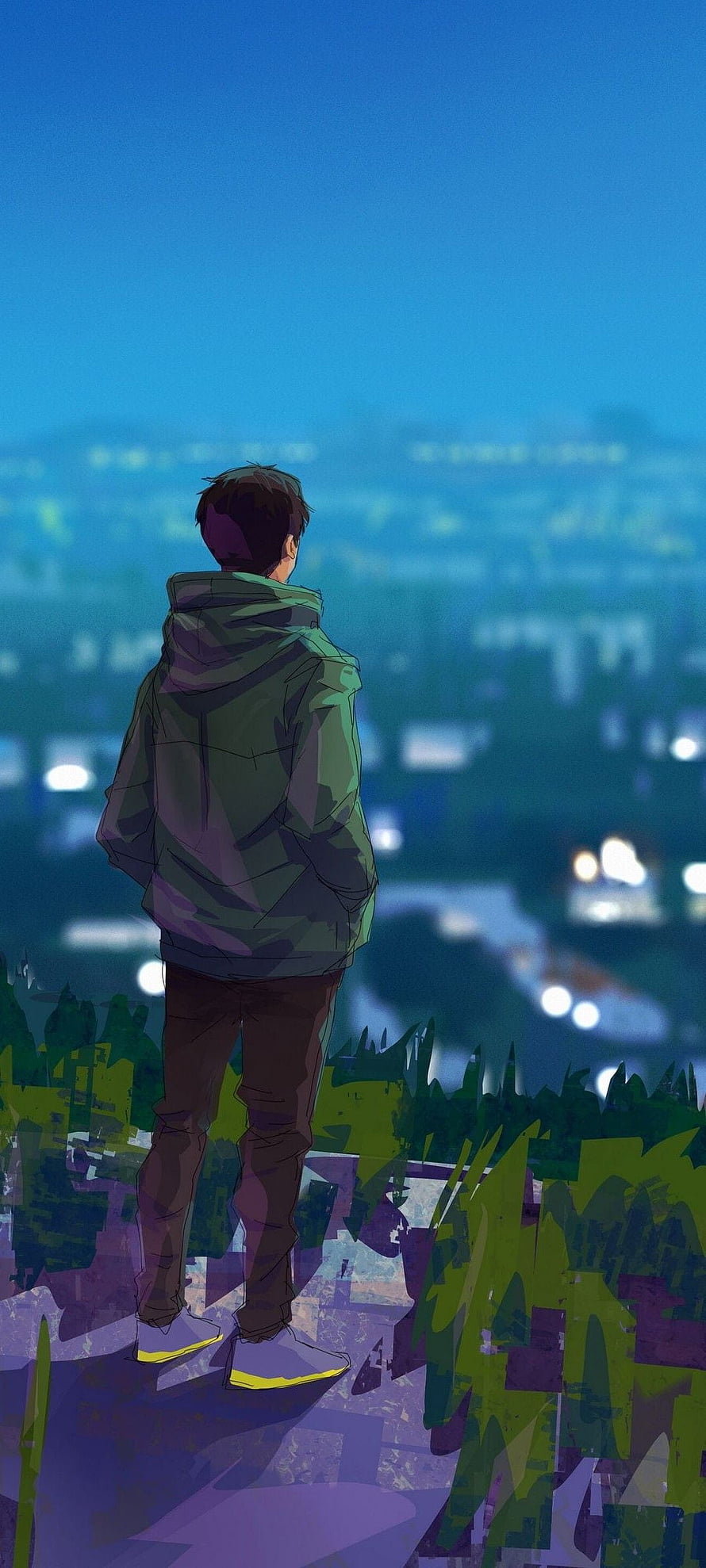 Anime Boy In Green Hoodie Looking At Night City Skyline From Hilltop HD phone wallpaper