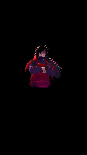 Itachi Uchiha from Naruto Shippuden in Red Akatsuki Cloak with Arms Crossed on Black Background HD phone wallpaper