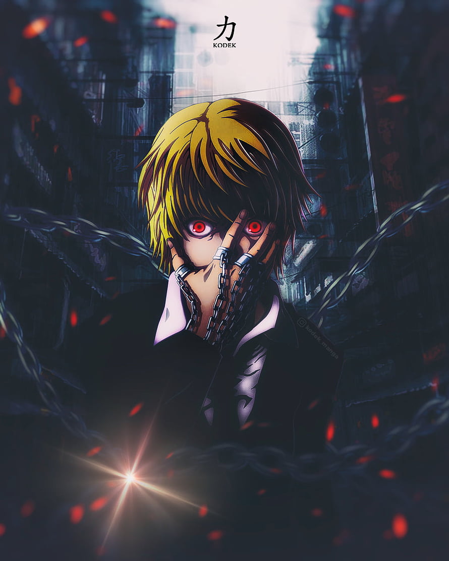 Kurapika from Hunter x Hunter with glowing red eyes and chains in a dark urban setting HD phone wallpaper