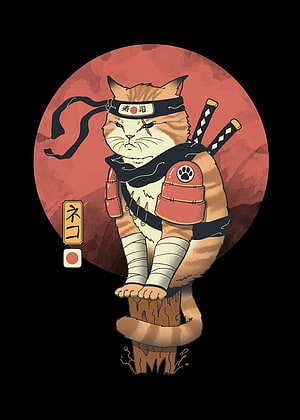 Naruto-Inspired Ninja Cat Warrior Illustration With Red Moon Background HD phone wallpaper