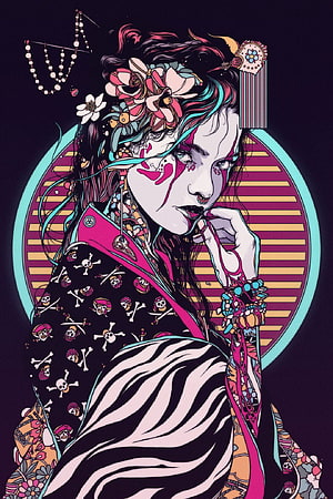 Colorful Illustration of a Girl with Flowers in Hair and Skull Pattern Kimono HD phone wallpaper