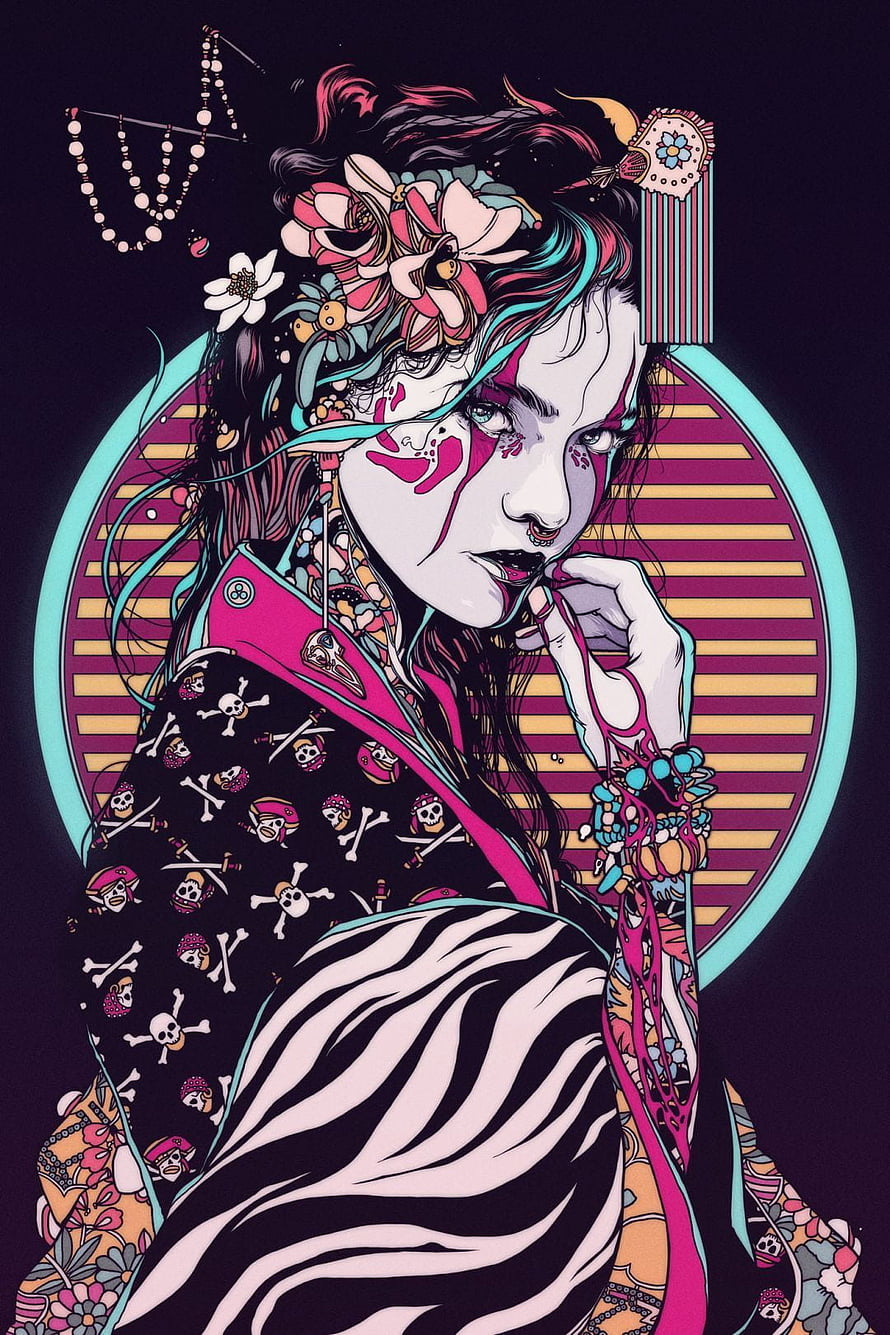 Colorful Illustration of a Girl with Flowers in Hair and Skull Pattern Kimono HD phone wallpaper