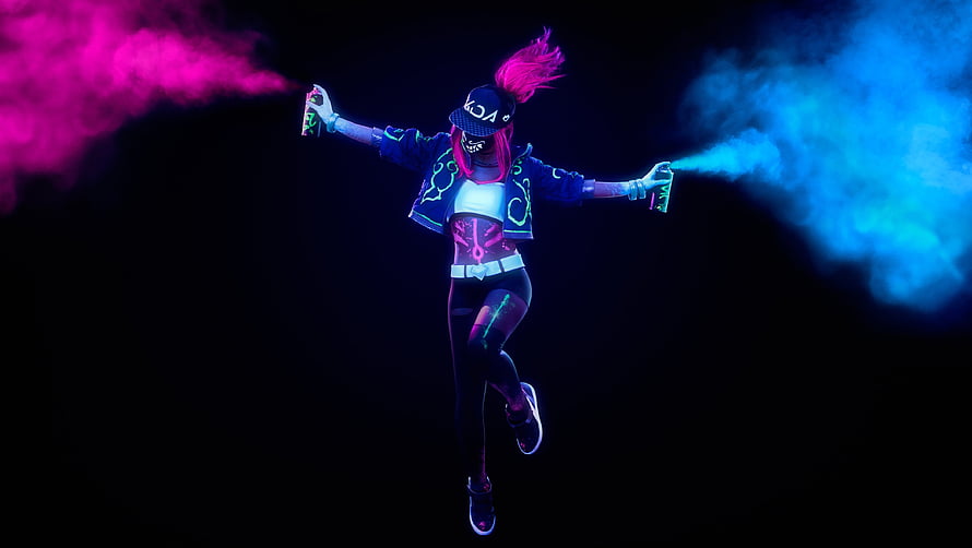 KDA Akali from League of Legends leaping with neon pink and blue smoke against a dark background HD wallpaper