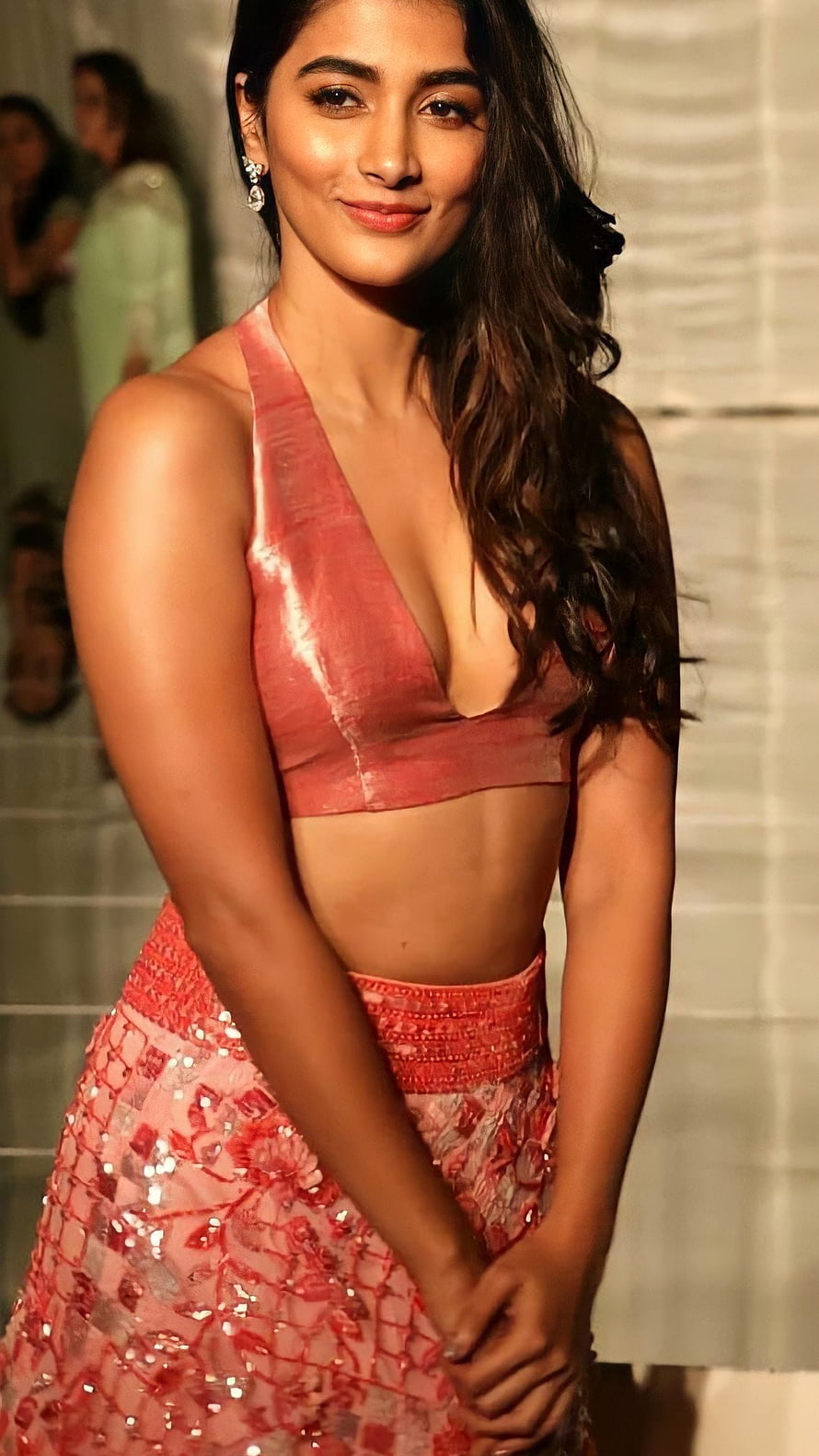 Pooja Hegde in a Pink Sequined Lehenga Choli at a Fashion Event HD phone wallpaper