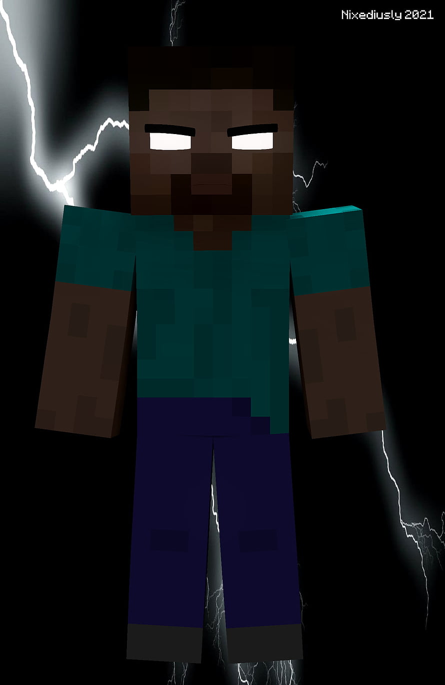 Minecraft Steve Character With Glowing White Eyes And Lightning Background HD phone wallpaper