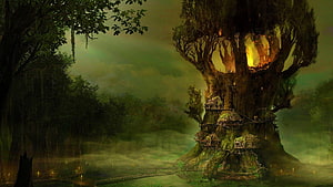 Mystical Elven Tree City in a Misty Forest with Glowing Holes and Wooden Dwellings HD wallpaper