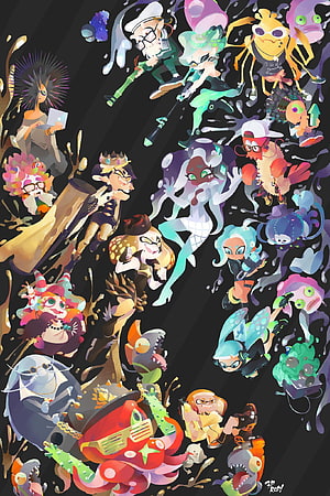 Splatoon 3 Character Lineup Illustration with Ink Splatter Effects HD phone wallpaper