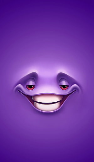 3D Purple Smiling Face with Wide Grin and Red Eyes on Gradient Background HD phone wallpaper