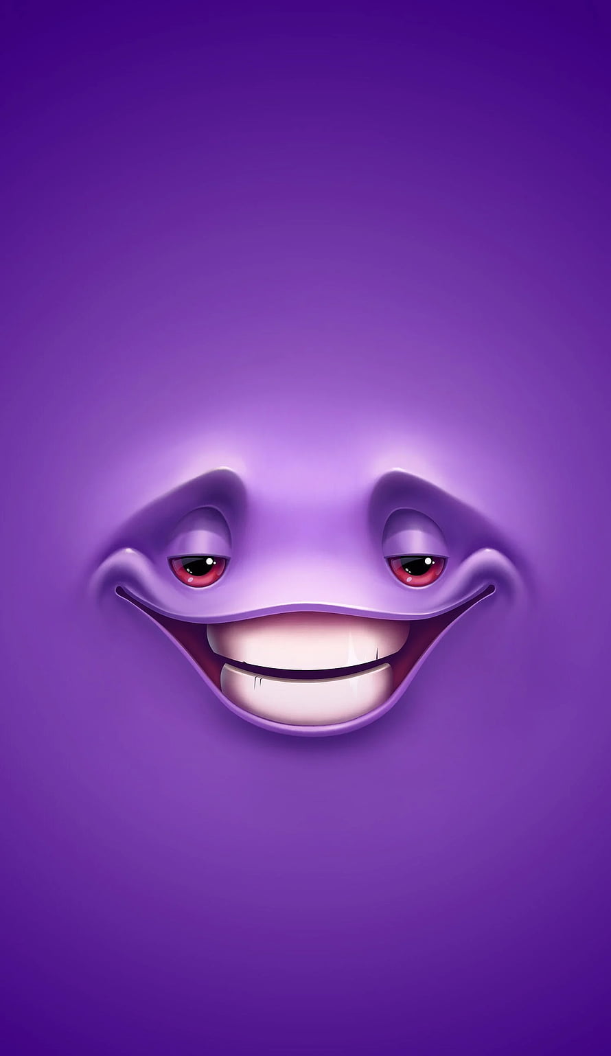 3D Purple Smiling Face with Wide Grin and Red Eyes on Gradient Background HD phone wallpaper