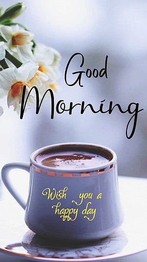 Good Morning Coffee Cup With Daffodils And Happy Day Wish Quote HD phone wallpaper