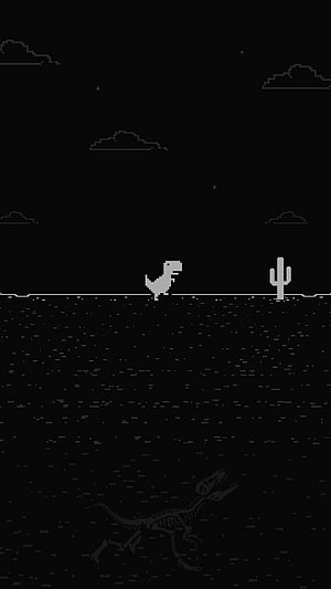 Minimalist Pixel Art T-Rex Running Through Desert Night with Cactus and Skeleton HD phone wallpaper