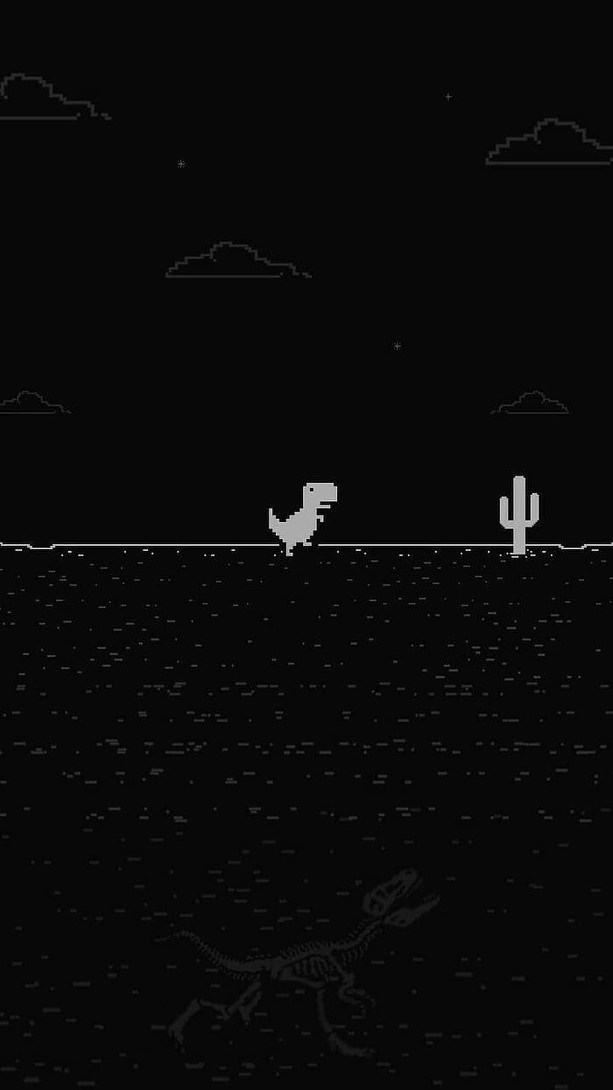 Minimalist Pixel Art T-Rex Running Through Desert Night with Cactus and Skeleton HD phone wallpaper