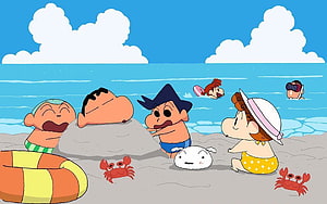 Crayon Shin-chan Characters Enjoying a Sunny Day at the Beach with Crabs and Ocean View HD wallpaper