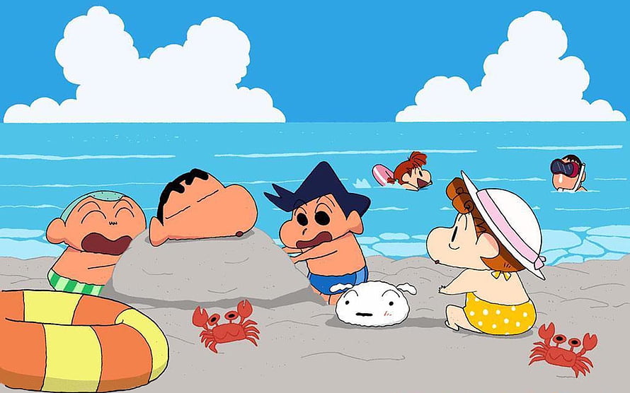 Crayon Shin-chan Characters Enjoying a Sunny Day at the Beach with Crabs and Ocean View HD wallpaper
