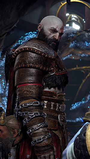 Kratos from God of War Ragnarok wearing leather armor and chains HD phone wallpaper
