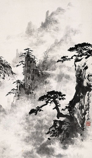 Traditional Chinese Ink Wash Painting of Misty Mountains and Pine Trees HD phone wallpaper