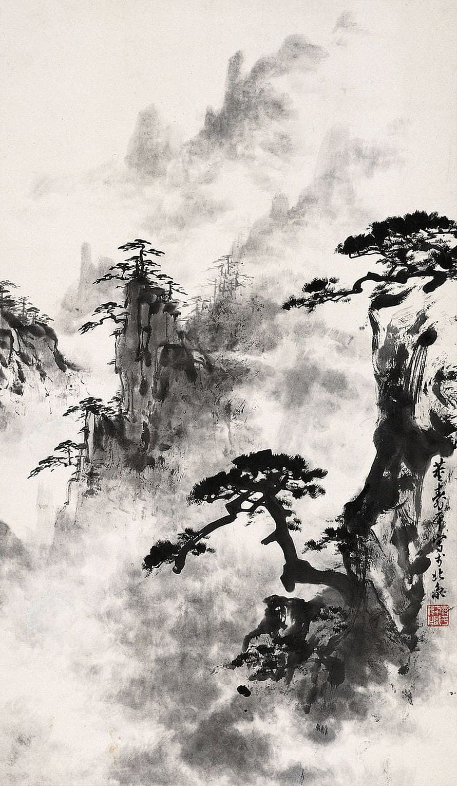 Traditional Chinese Ink Wash Painting of Misty Mountains and Pine Trees HD phone wallpaper