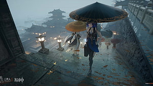 Genshin Impact Raiden Shogun and Yae Miko Walking in Rainy Liyue City HD wallpaper