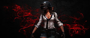 PUBG Female Soldier Character with Helmet and Red Smoke Effect HD wallpaper