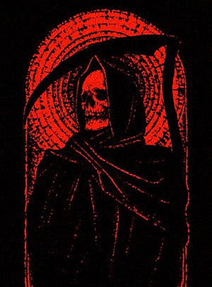 Grim Reaper Skull Skeleton With Scythe In Red And Black Woodcut Style HD phone wallpaper