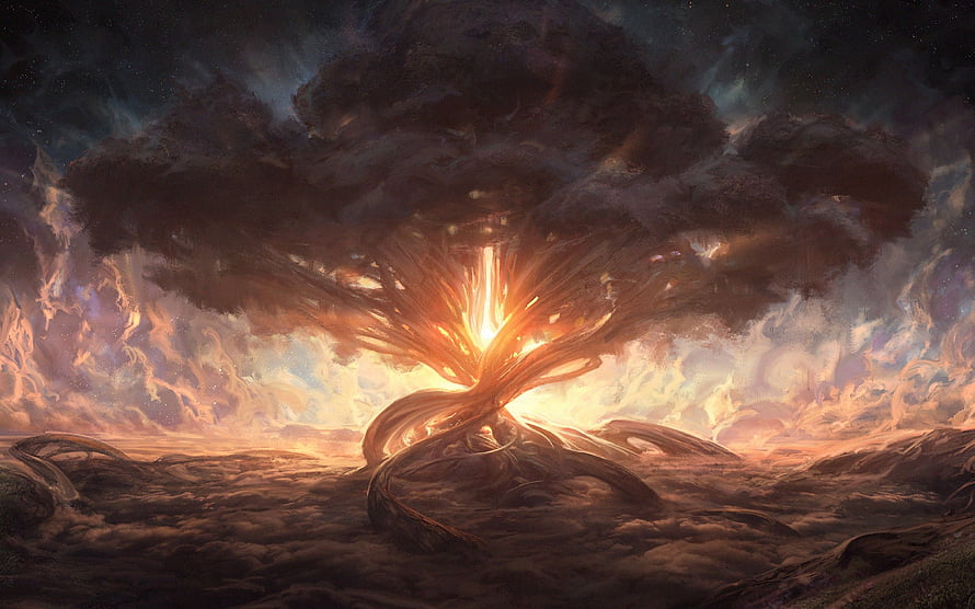 Glowing Fantasy Tree of Life in Dark Stormy Sky Digital Art HD wallpaper