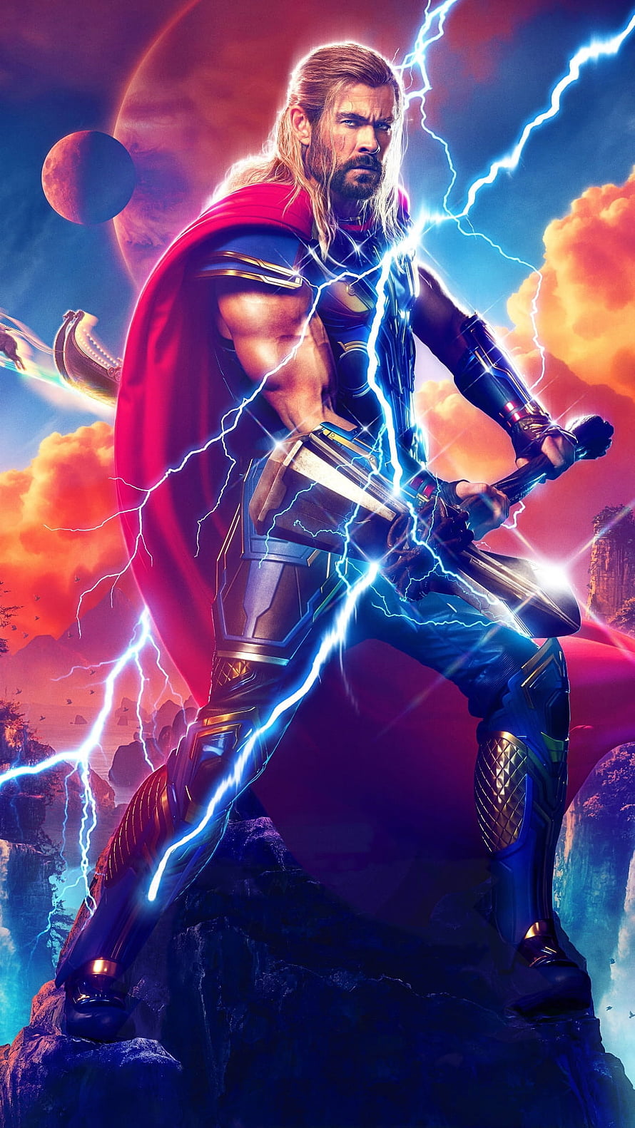 Thor God of Thunder wielding Stormbreaker with lightning and red cape HD phone wallpaper