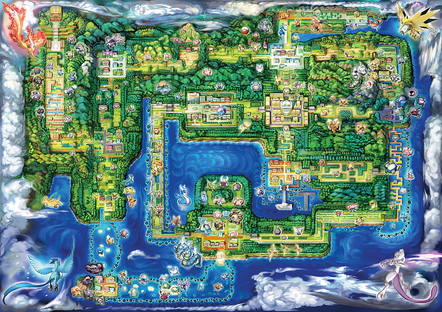 Kanto Region Map from Pokemon with Legendary Pokemon and Towns HD wallpaper