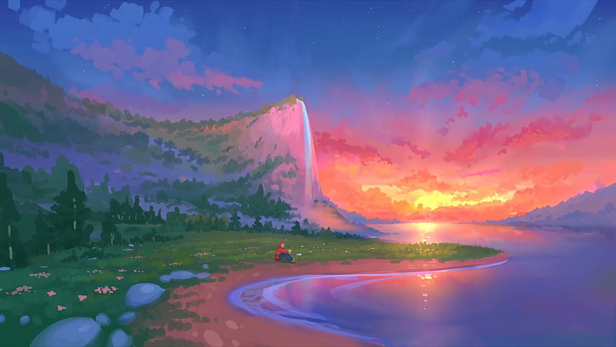 Serene Animated Landscape with Waterfall and Sunset Over a Calm Lake HD wallpaper