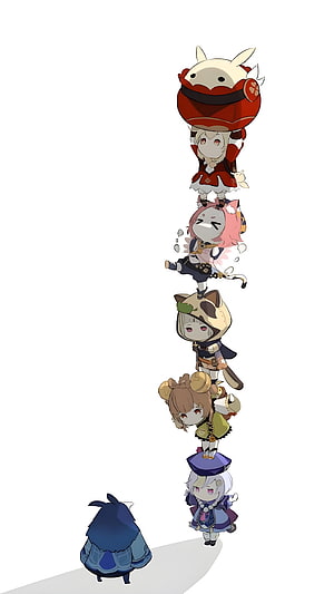 Genshin Impact Chibi Characters Stacked in a Tower with Paimon Watching HD phone wallpaper